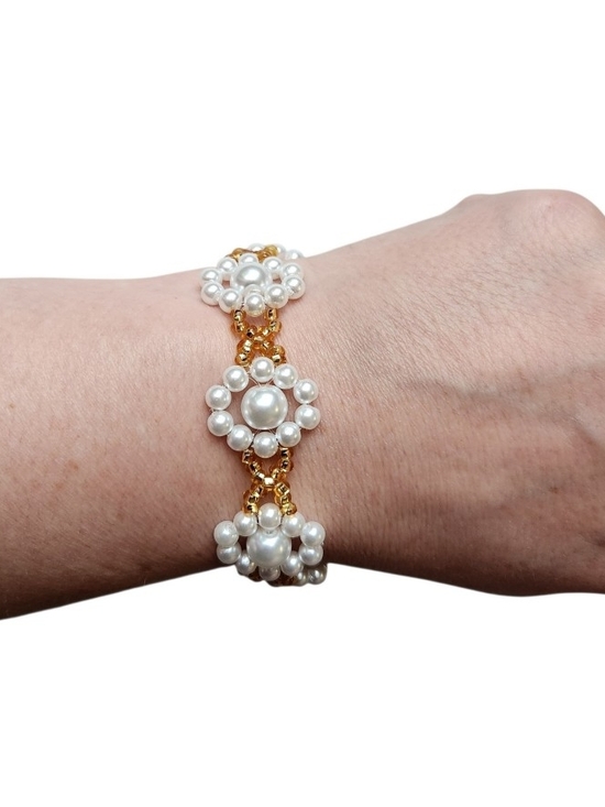Hand Crafted Jewelry - Pearl Floral Cluster Bracelet With Gold Czech Bead Accents